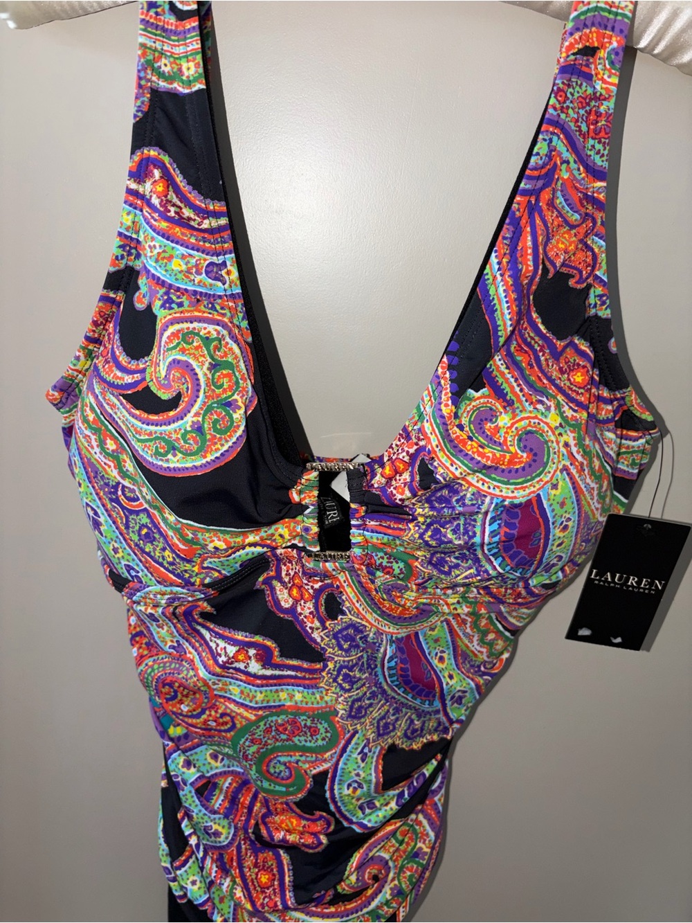 Lauren Ralph Lauren black Bordado Paisley Ruched One-Piece Swimsuit 14 NWT - Picture 5 of 15